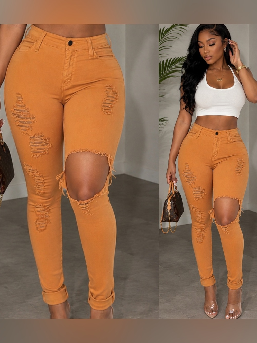 . Caramel Frappe Camel/Rust Orange High Rise Ripped Skinny Jeans